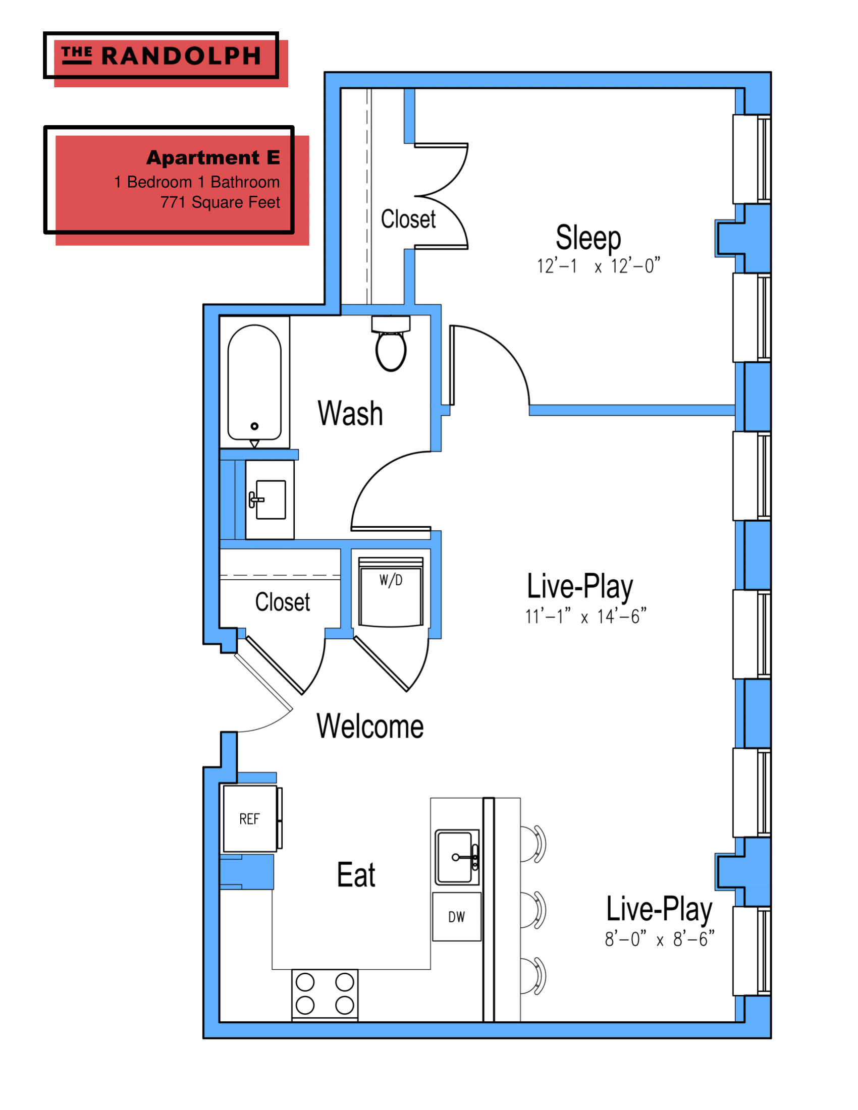 Floor plan for 1 bed, 1 bath, 771 sqft